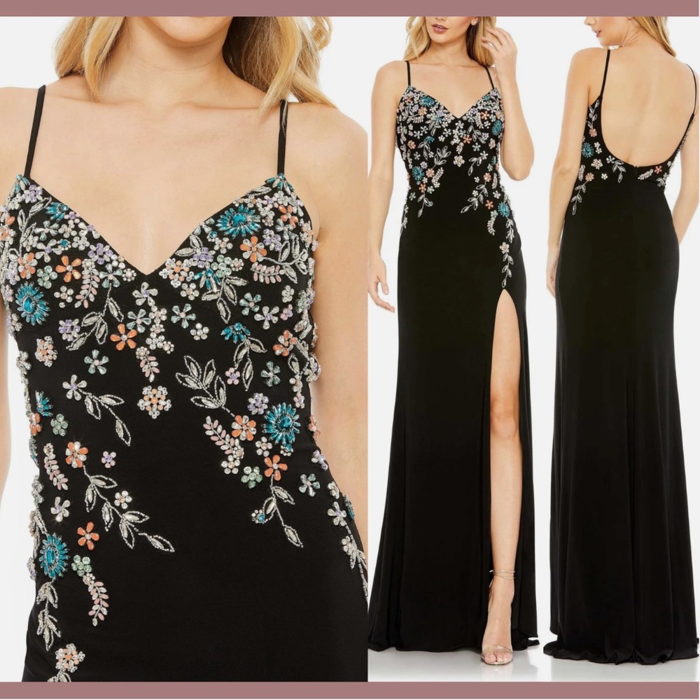 NWT Mac‎ Duggal [ 4 ] Multi Color Beaded Floral Cami Slit Gown Black